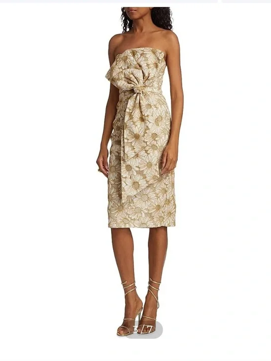 NWT- Badgley Mischka Strapless Gold & White Daisy Bow cocktail dress. Brand new! - Picture 3 of 10